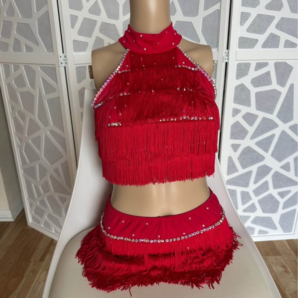 Red Fringe Skirt Set